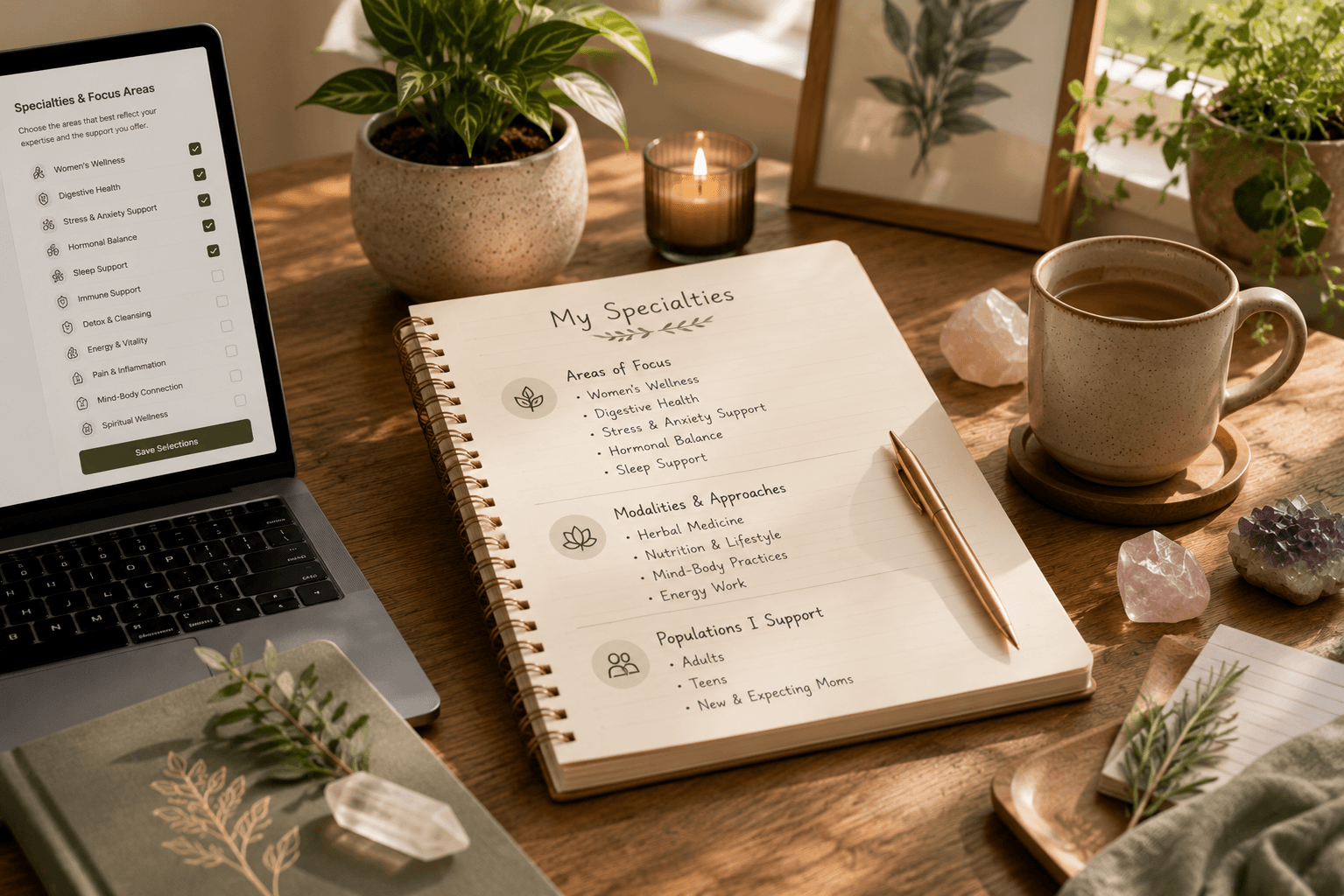 Practitioner organizing specialties and wellness focus areas