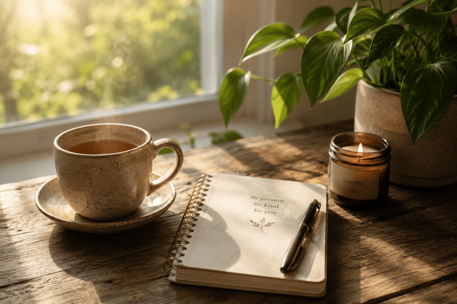 Peaceful morning wellness routine with tea and journal