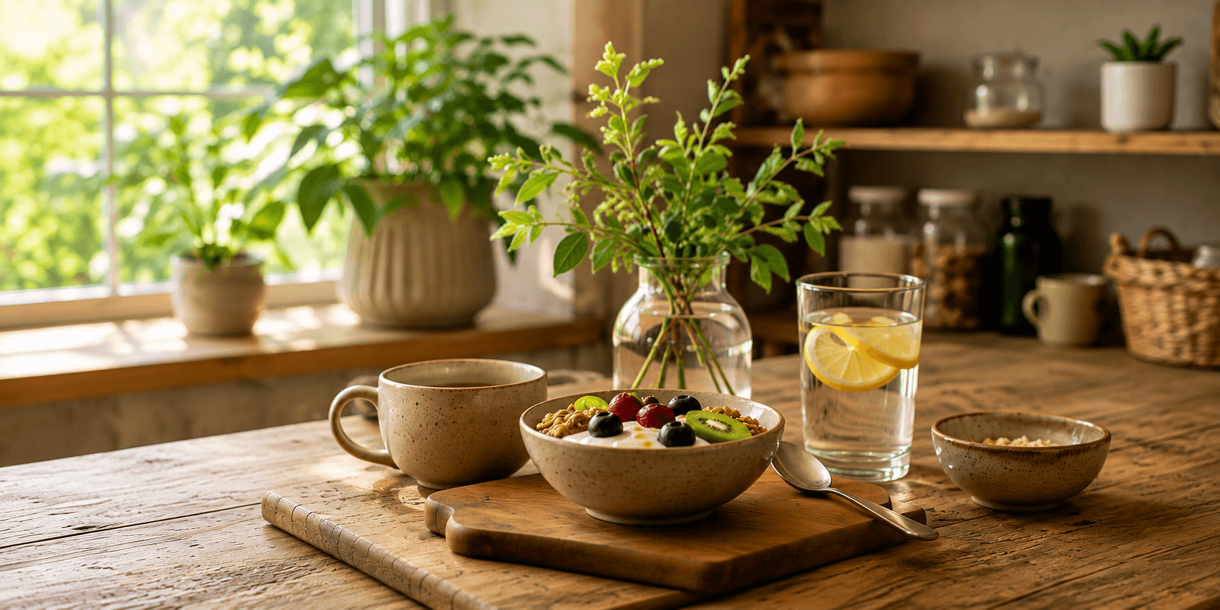 Sunlit kitchen table with nourishing foods, lemon water, and greenery