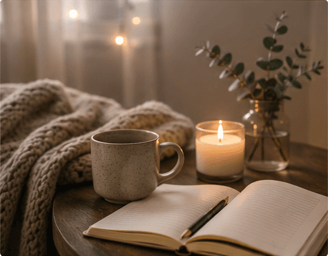 A calm evening routine with a journal, warm drink, candle, and soft lighting