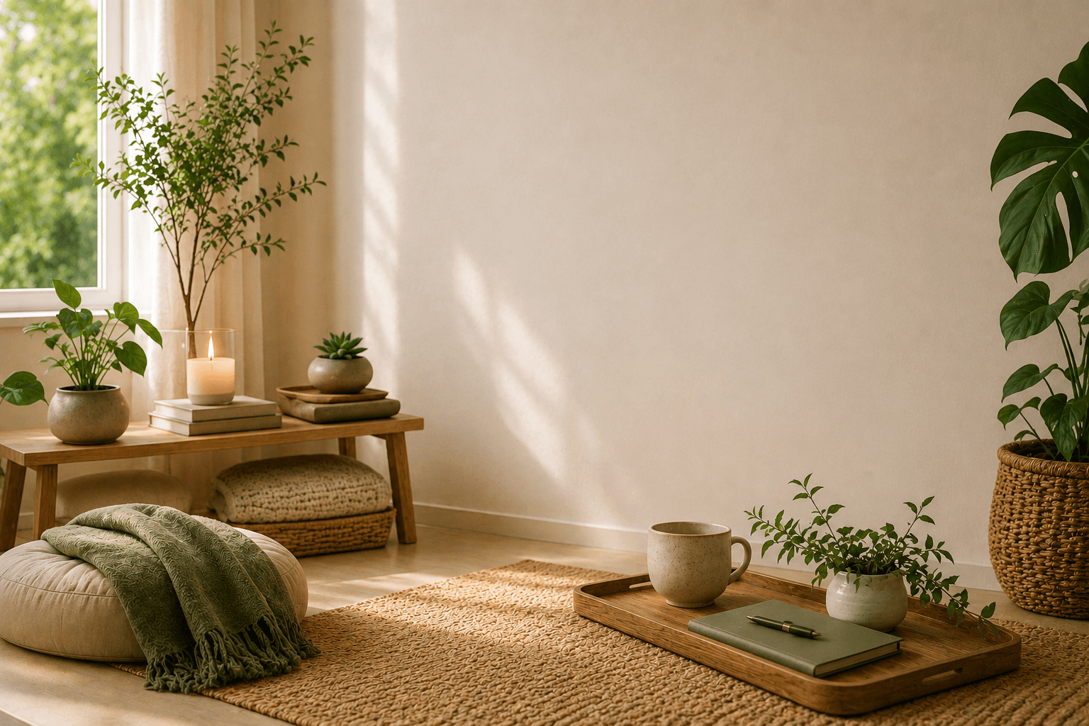 Calm sunlit wellness space representing whole-person wellness