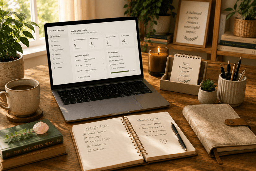 Practitioner workspace with planner, laptop, and organized daily practice tools