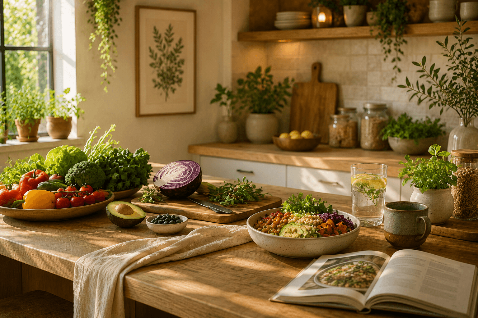 Sunlit kitchen with nourishing whole foods, herbs, vegetables, and a wellness meal