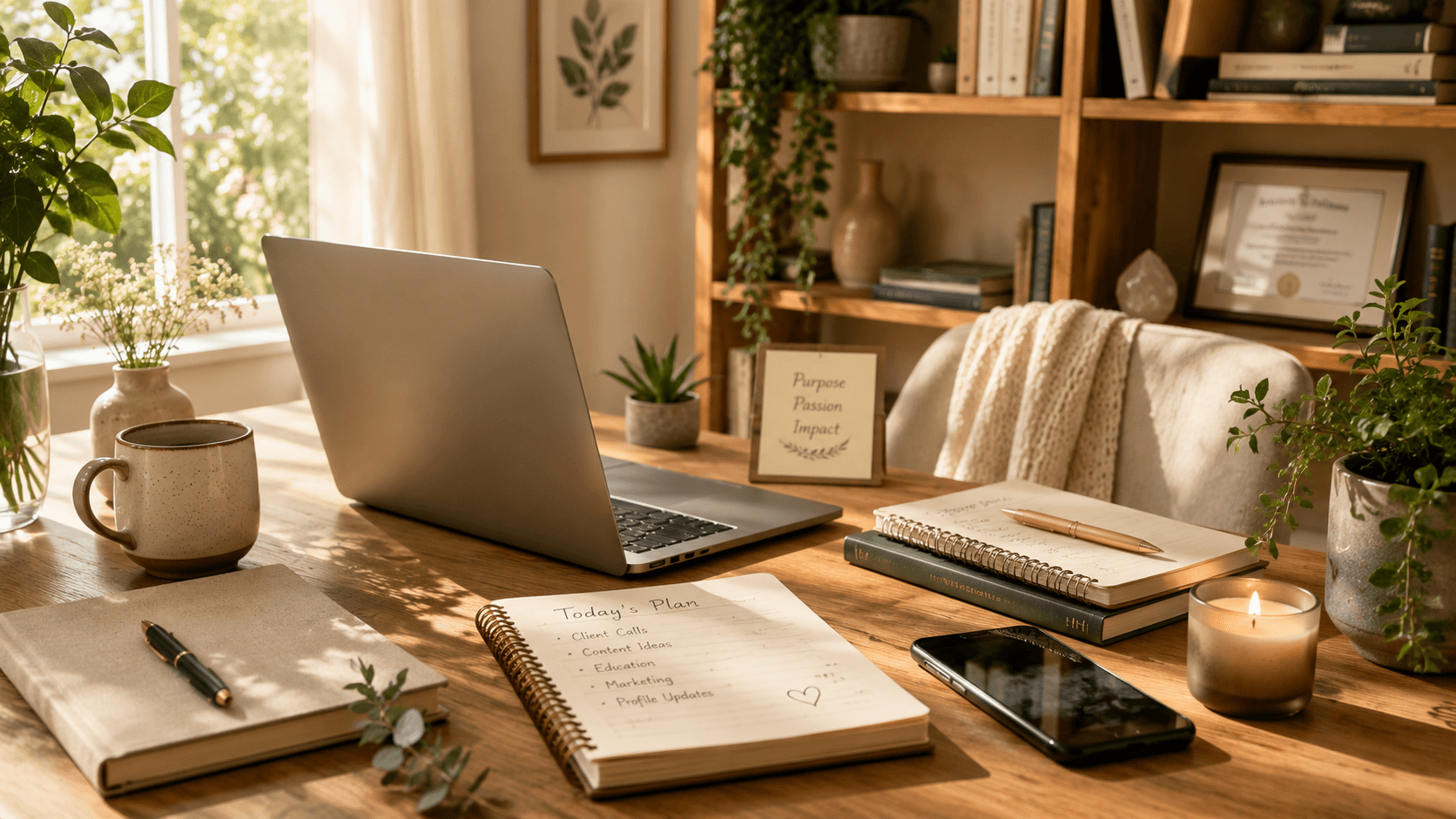Warm organized practitioner workspace with laptop, planner, phone, plants, and natural light