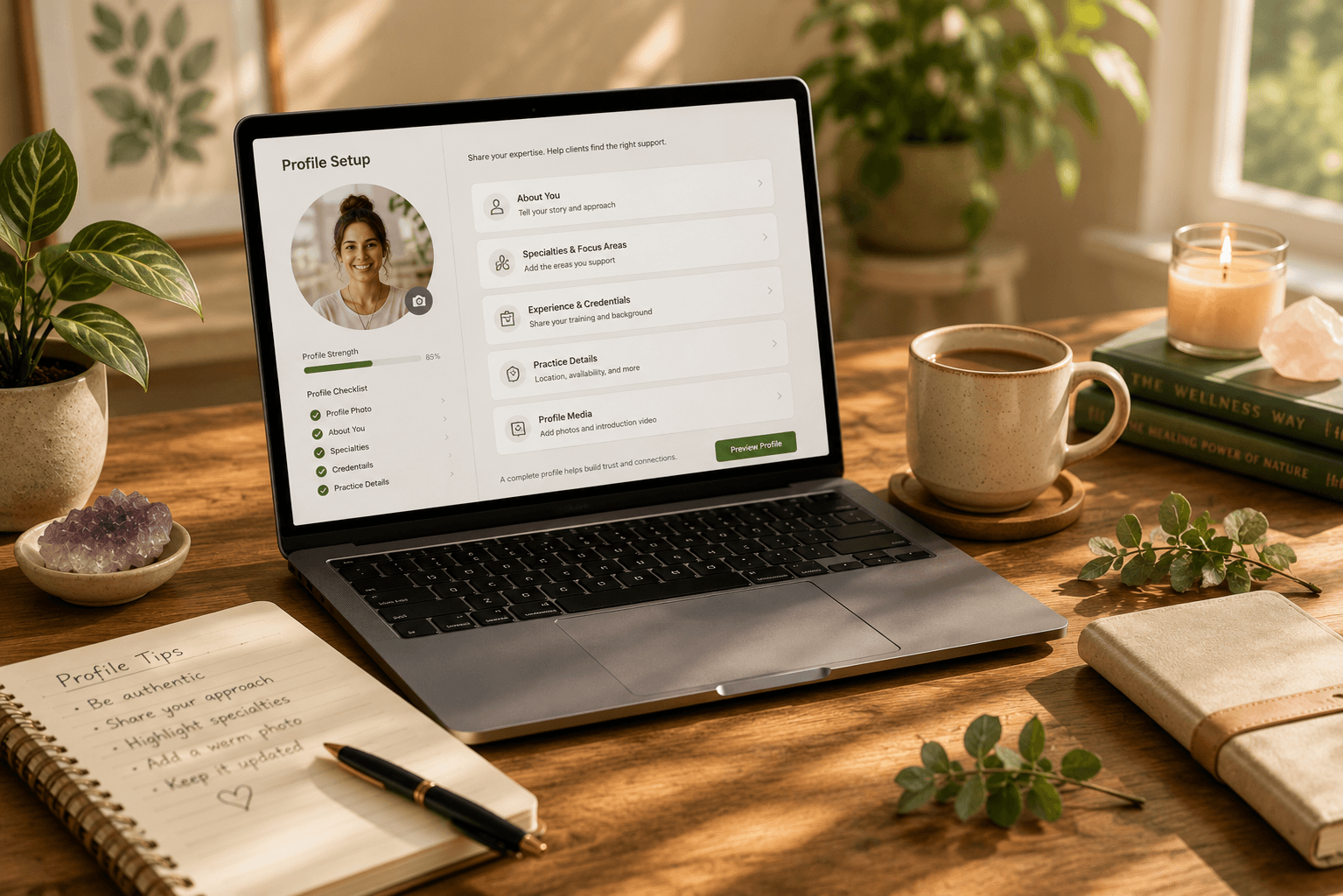 Practitioner profile setup on a laptop in a warm organized workspace