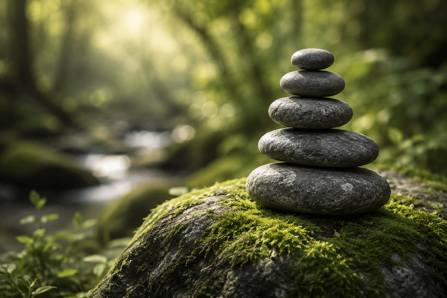 Stacked stones in a peaceful green forest setting