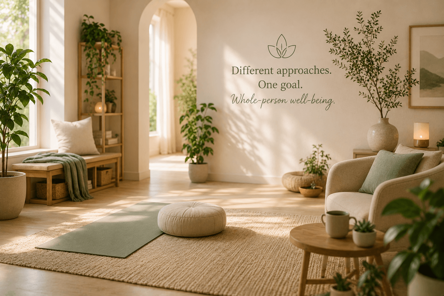 Bright calming wellness space with natural light, plants, and soft neutral decor
