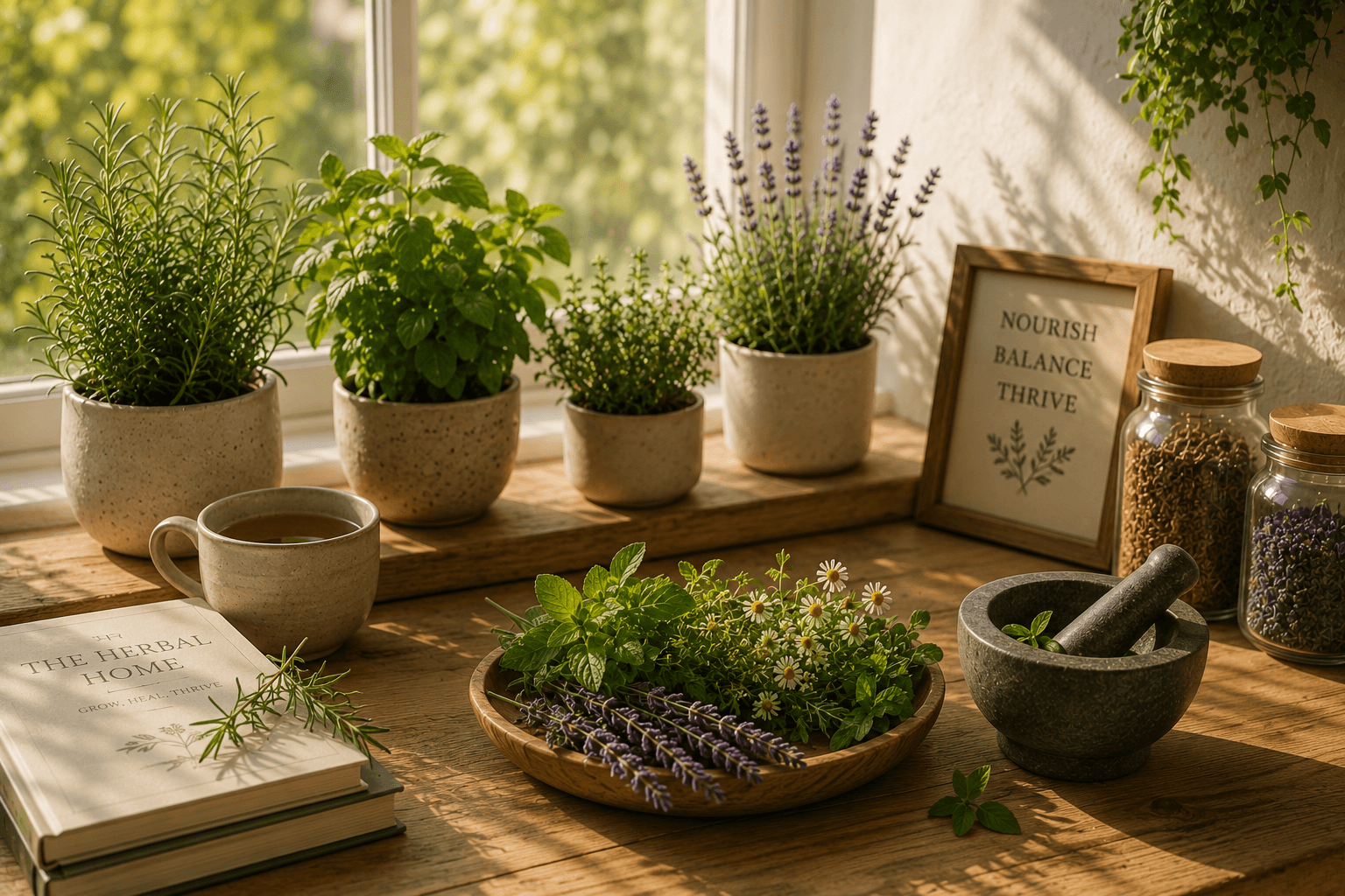 Sunlit windowsill with potted herbs, plants, and natural wellness elements