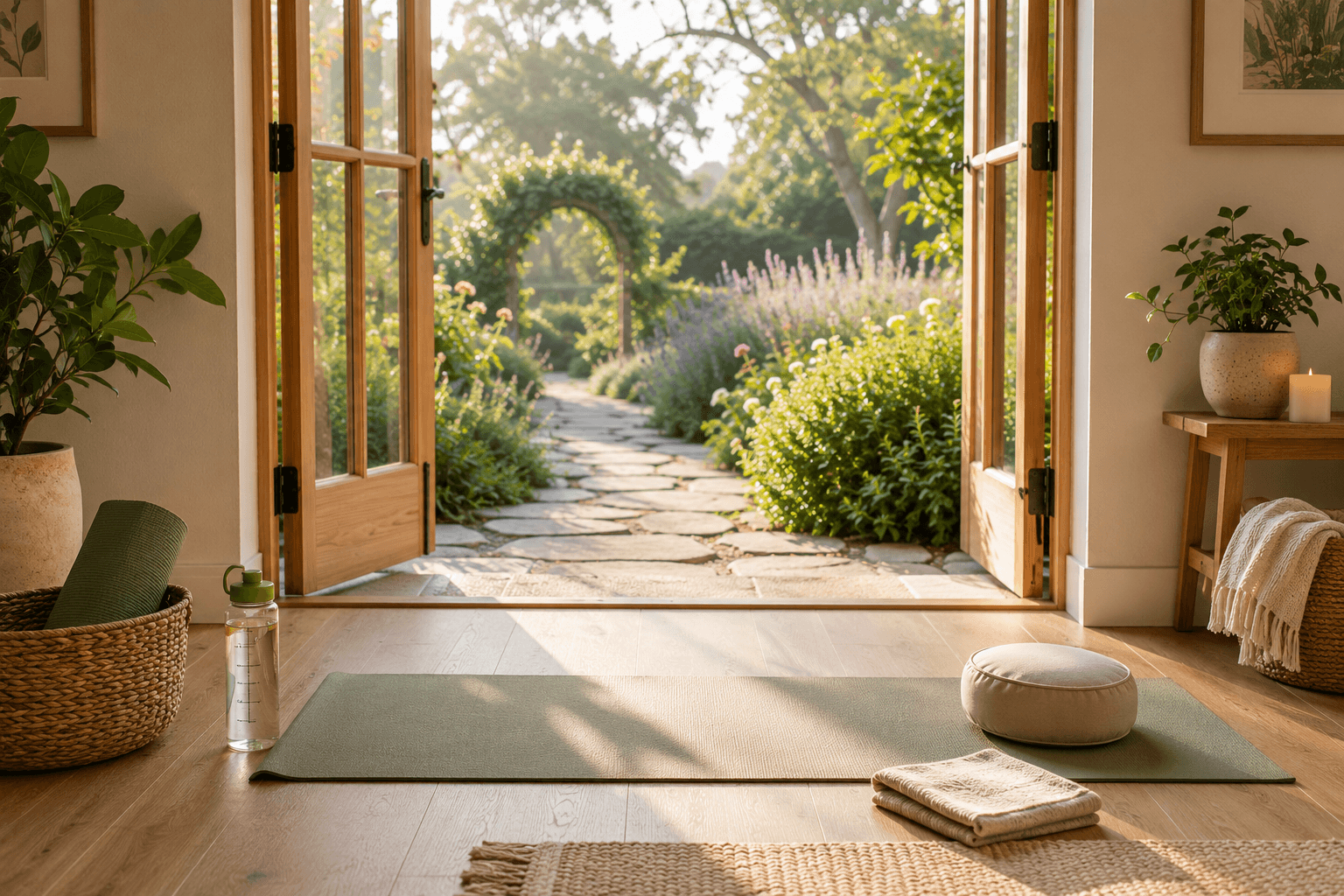 Peaceful wellness support setting with natural light and calming greenery